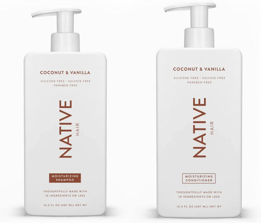 Native Shampoo and Conditioner Set | Sulfate Free, Paraben Free, Dye Free, with Naturally Derived Clean Ingredients| 16.5 oz (Coconut & Vanilla, Moisturizing), 2, 1.3 ounces