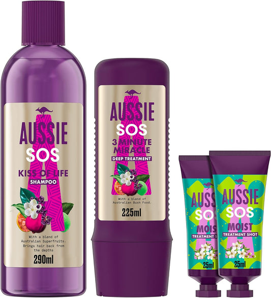 Aussie Hair Care Sos Bundle For Dry And Damaged Hair: Shampoo 290Ml + 3Mm Conditioner Mask 225Ml Repair Shot Deep Treatment 2X30Ml Multicolor